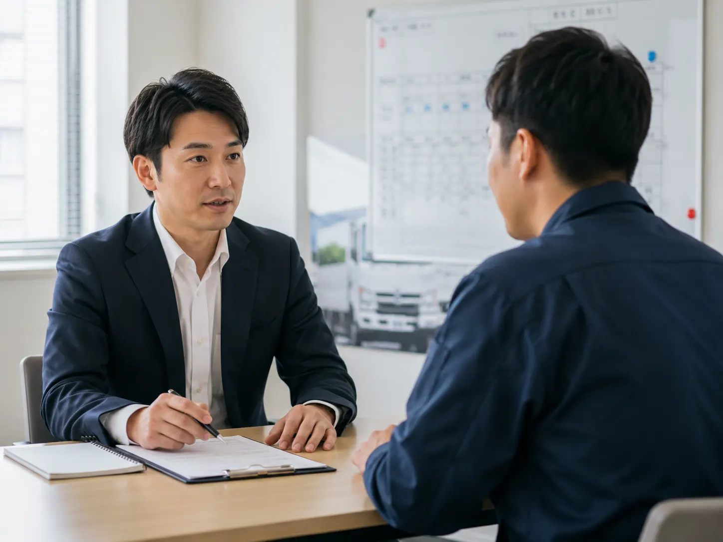 軽貨物会社の採用面接で、応募者と面接担当者が話している様子