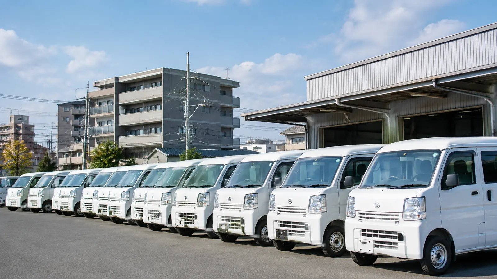 配送拠点に複数の軽バンが整列している様子