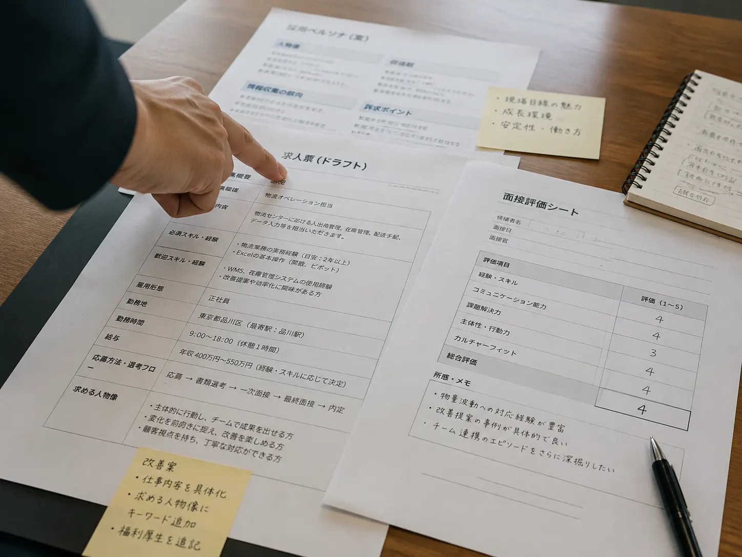 求人原稿と応募管理の資料を机の上で確認する様子